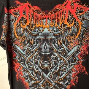 Affliction Men's Black Tee with Red and Orange Skull Design